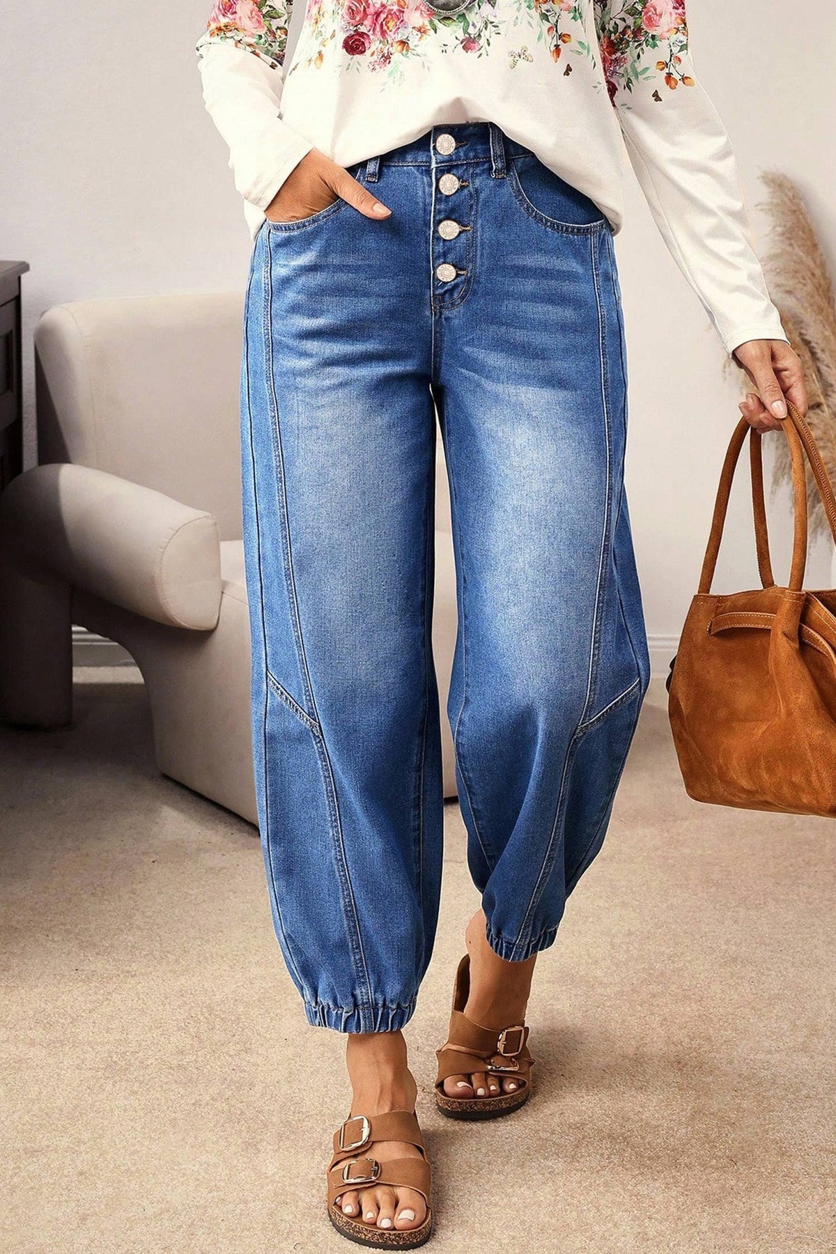 Buttons Front Tapered Casual Loose Fit Jeans: Blue / 4
