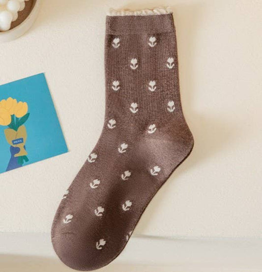 WOMAN BREATHABLE FLORAL COTTON SOCKS | 40S02067: Brown
