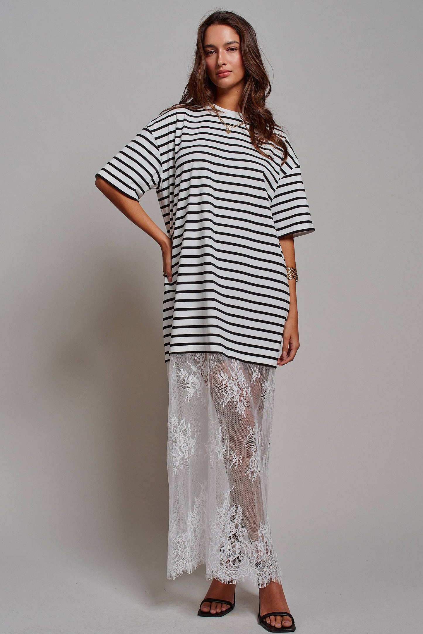 Hannah T-Shirt Dress with Sheer Lace Skirt: White / S-M-L:2-2-2