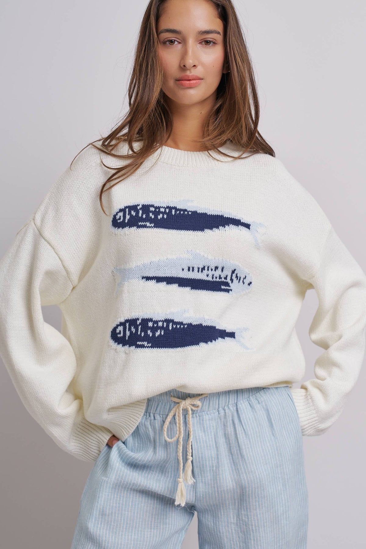Graphic Oversized Drop-Shoulder Knit Sweater: IVORY / SM-ML:3-3