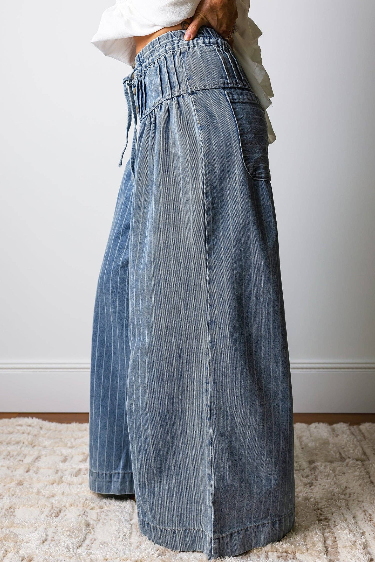 Felice Stripe Button High Waist Pleated Wide Leg Jeans: Sky Blue Stripe / 4