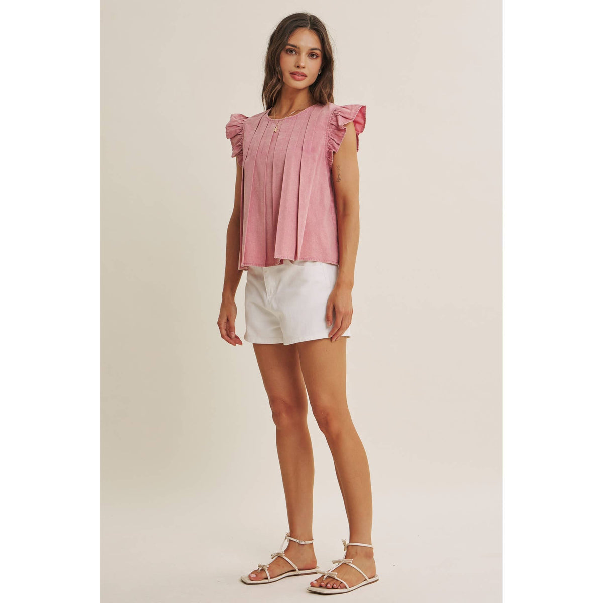 FADED GARDEN MINERAL-WASHED PLEATED BLOUSE WITH RUFFLES: RASPBERRY PINK / M