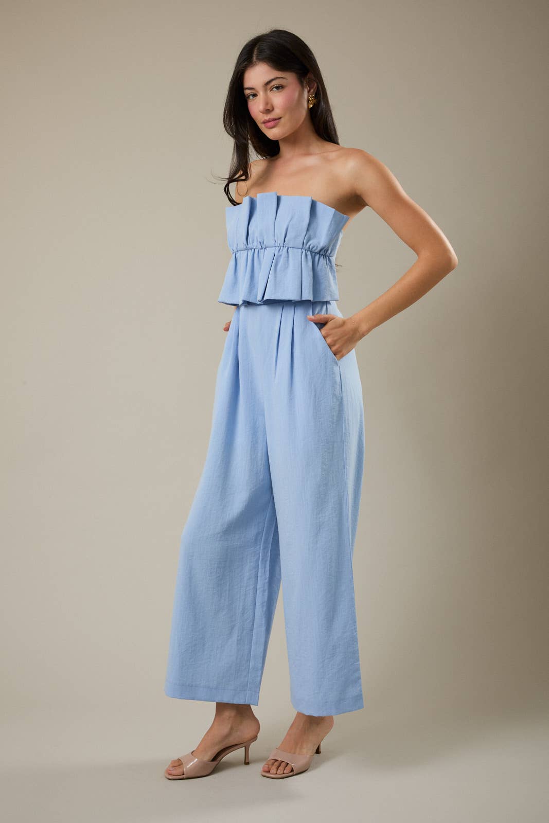 Esther RUFFLE BODICE JUMPSUIT: LT BLUE / L