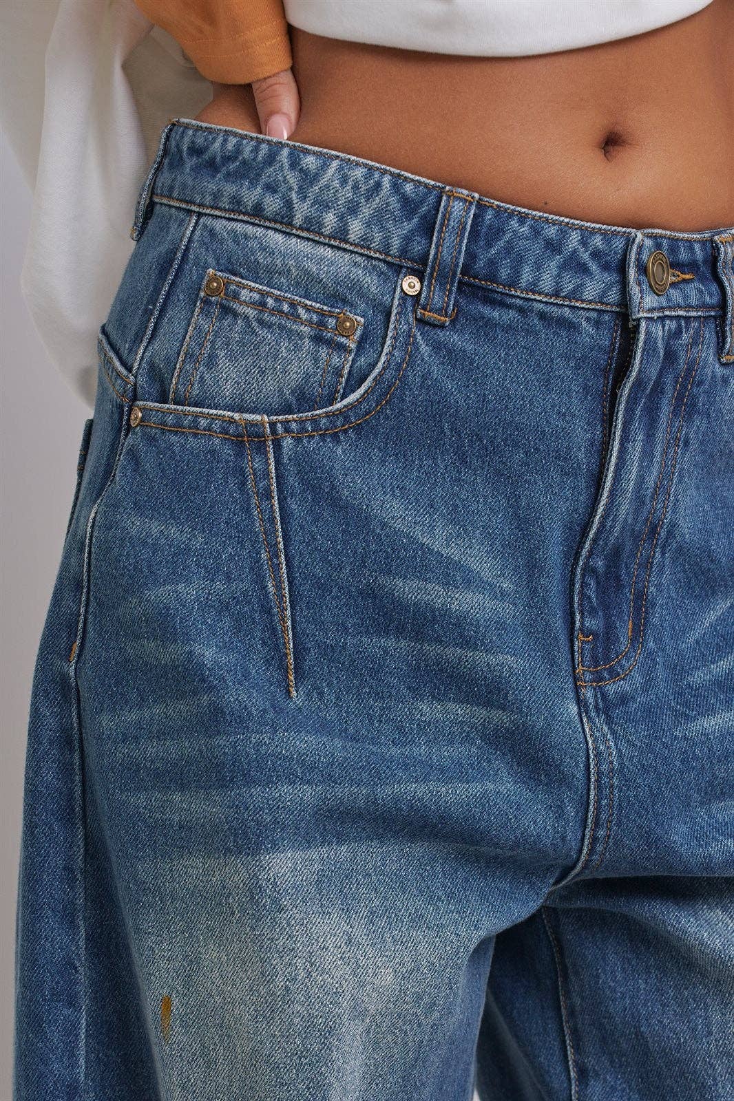 Retro Fade Wide-Leg Barrel Jeans: Denim / S-M-L