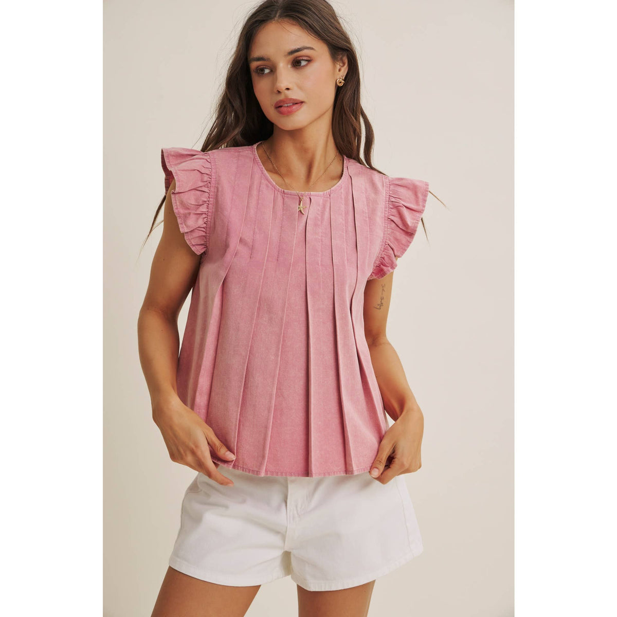FADED GARDEN MINERAL-WASHED PLEATED BLOUSE WITH RUFFLES: RASPBERRY PINK / S