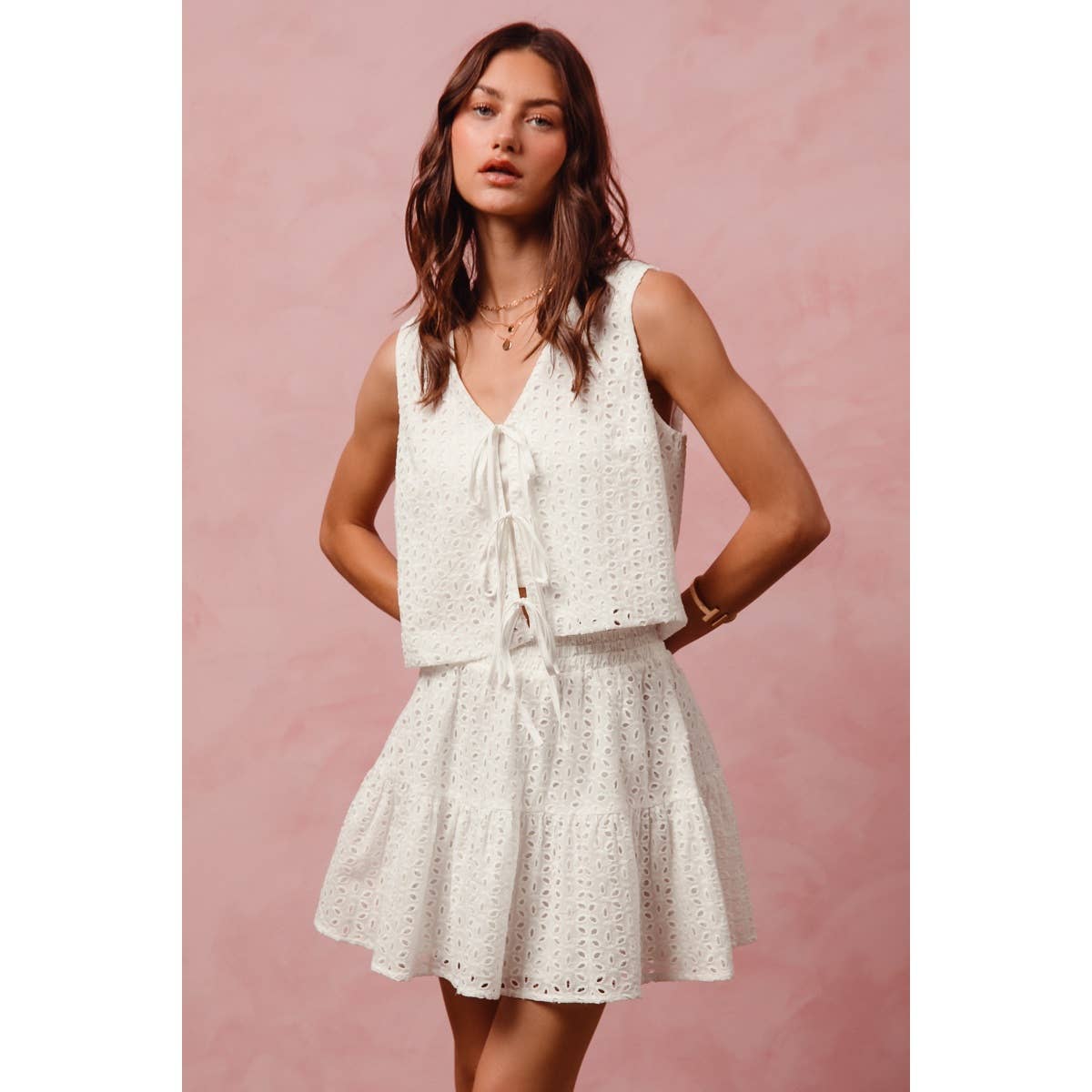 FLORA EYELET LACE TIE VEST TOP AND MINI SKIRT SET: OFF WHITE / XL