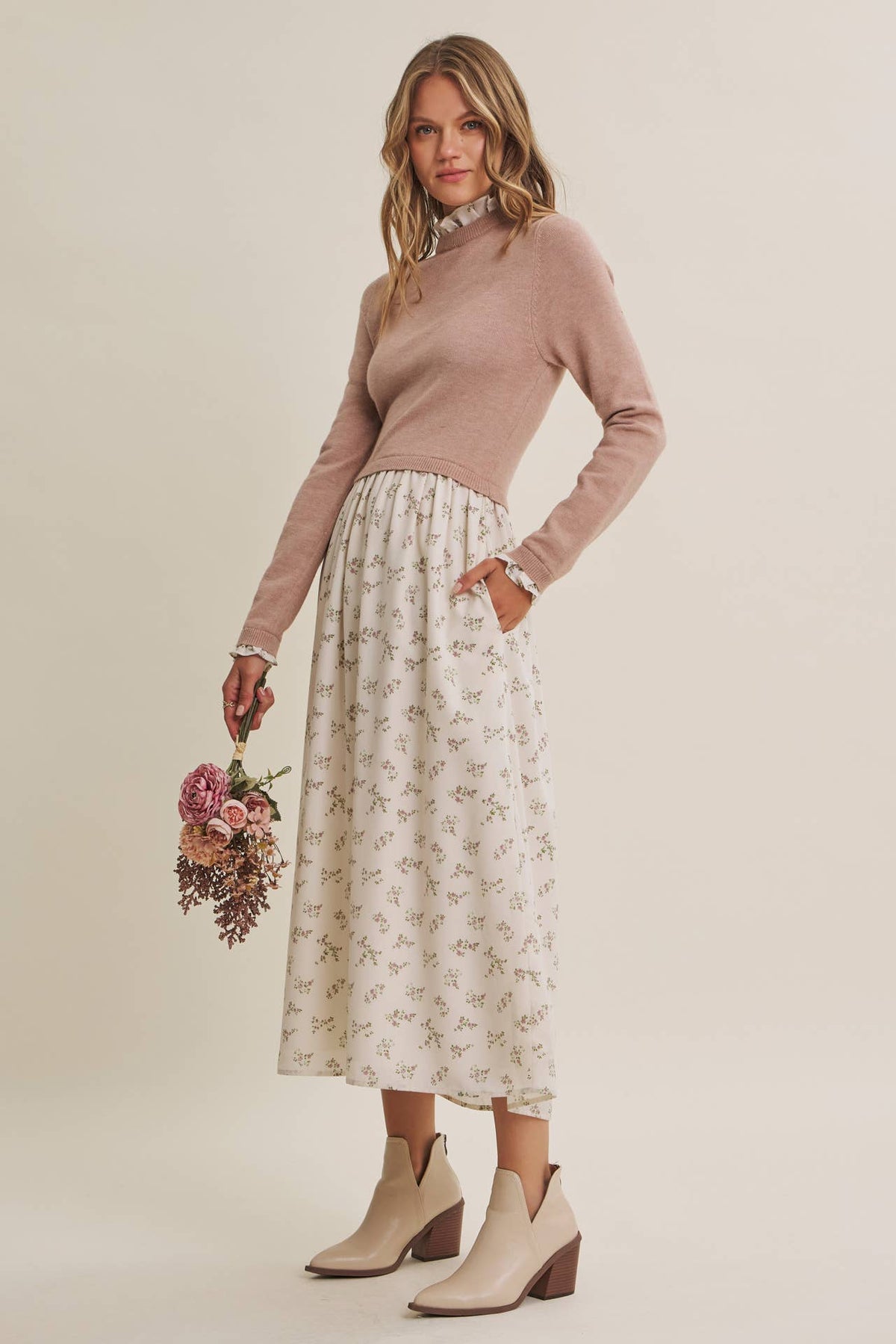PRESSED PETALS VISCOSE BLEND SWEATER TWOFER MIDI DRESS: OATMEAL/MOCHA / S