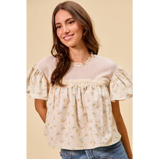 Jaylene COTTON WOVEN PRINT RUFFLED BLOUSE TOP: CREAM / XL