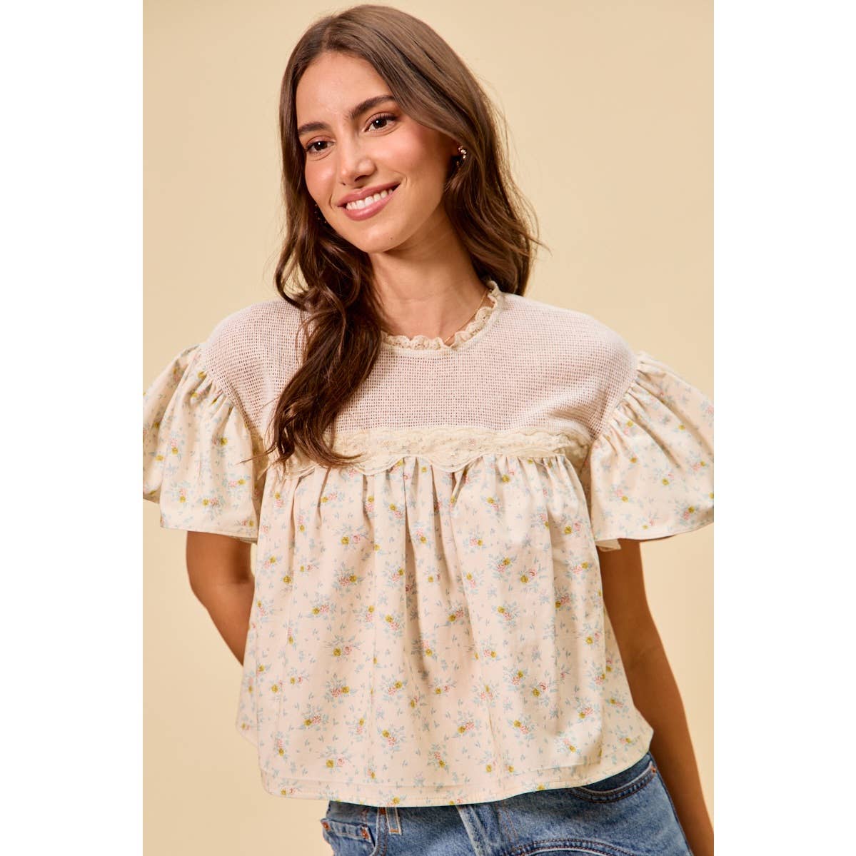 Jaylene COTTON WOVEN PRINT RUFFLED BLOUSE TOP: CREAM / S