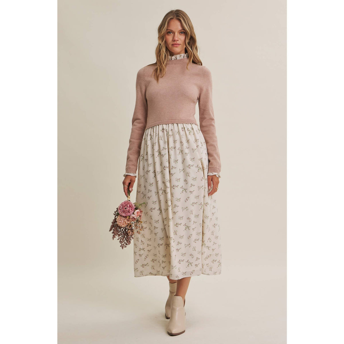 PRESSED PETALS VISCOSE BLEND SWEATER TWOFER MIDI DRESS: OATMEAL/MOCHA / S