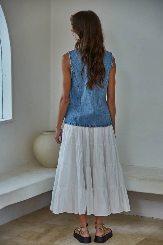 BD352 | Denim Cotton Viscose Polyester Button Down Vest Top: Medium Denim / S