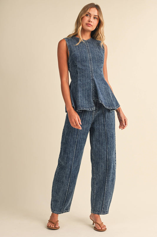 Bernice STRIPED DENIM SLEEVELESS PEPLUM TOP AND BARREL SET: DK DENIM / L