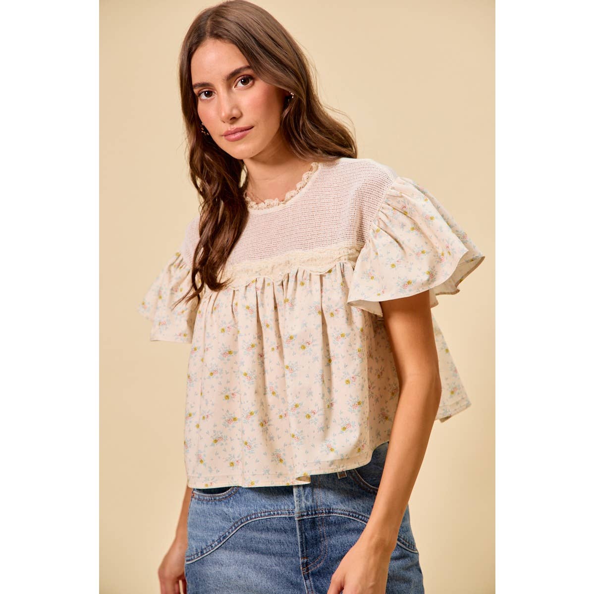 Jaylene COTTON WOVEN PRINT RUFFLED BLOUSE TOP: CREAM / XL