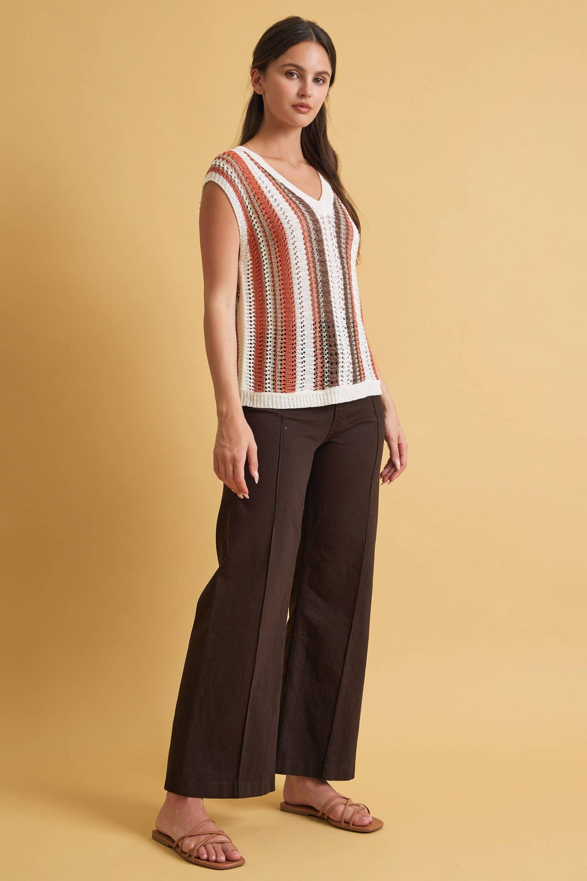 MIXED METALLIC YARN STRIPED HAND CRAFT CROCHET KNIT VEST : BURNT ORANGE / L