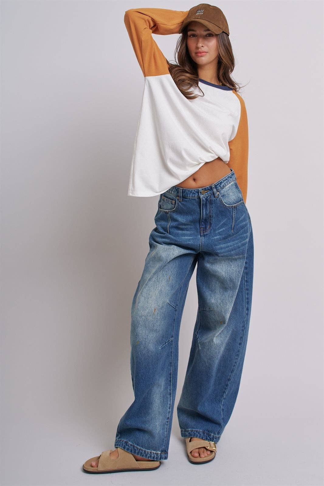 Retro Fade Wide-Leg Barrel Jeans: Denim / S-M-L