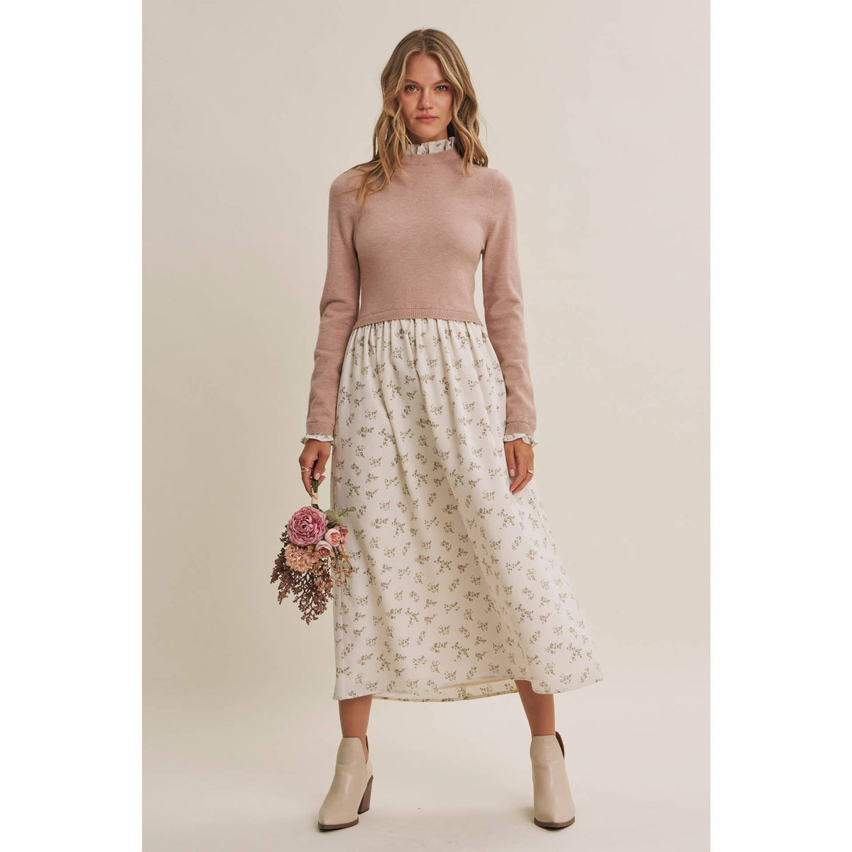 PRESSED PETALS VISCOSE BLEND SWEATER TWOFER MIDI DRESS: OATMEAL/MOCHA / M