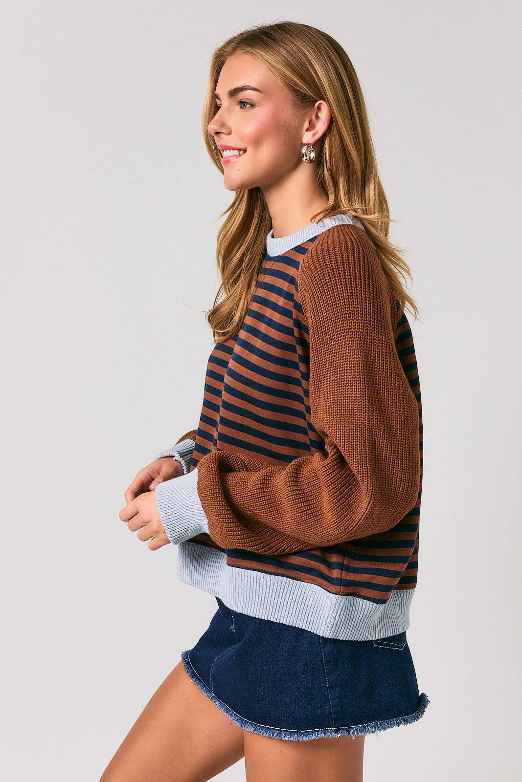 STRIPE PULLOVER WITH SWEATER SLEEVES: BROWN-NAVY STRIPE / S