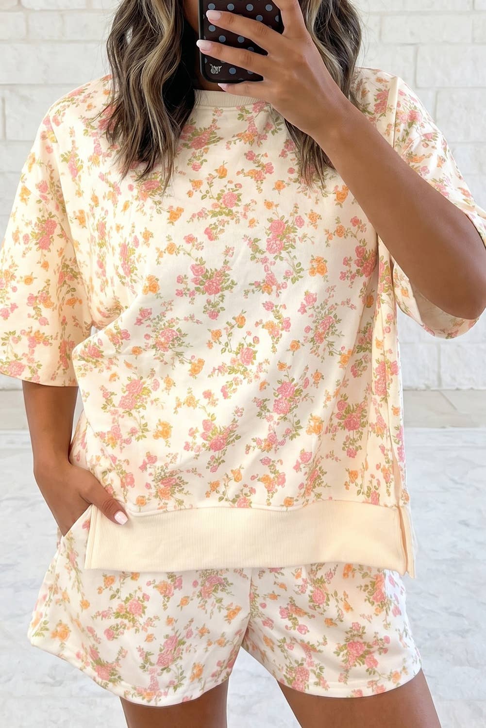 Floral Oversize Sweat Tee Elastic Waist Pocket Short 2PC Set: Pink / S