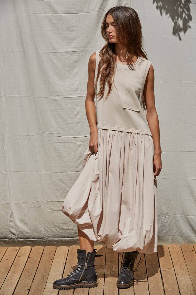 Leah| Knit Cotton Drop Waist Bubble Hem Midi Dress: Light Sage / L