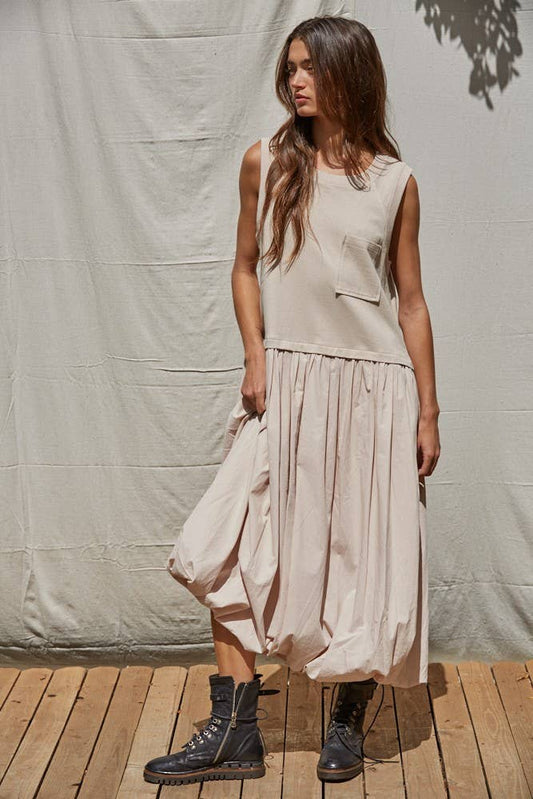 Leah | Knit Cotton Drop Waist Bubble Hem Midi Dress: Dusty Pink / S
