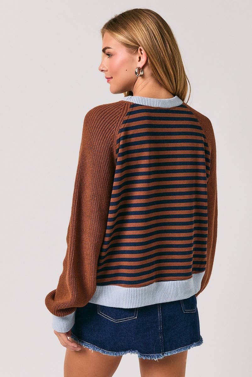 STRIPE PULLOVER WITH SWEATER SLEEVES: BROWN-NAVY STRIPE / L