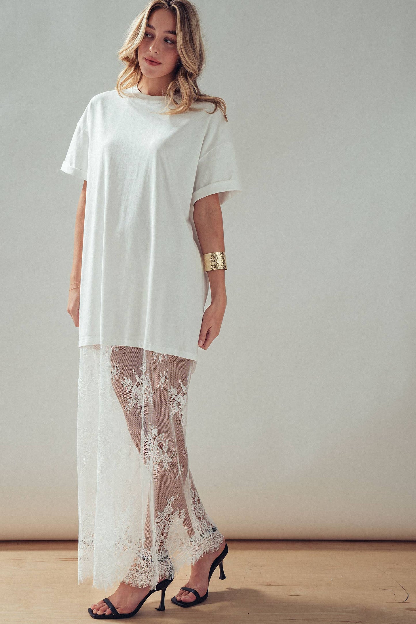 Hannah T-Shirt Dress with Sheer Lace Skirt: White / S-M-L:2-2-2