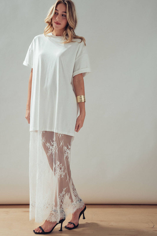 Hannah T-Shirt Dress with Sheer Lace Skirt: White / S-M-L:2-2-2