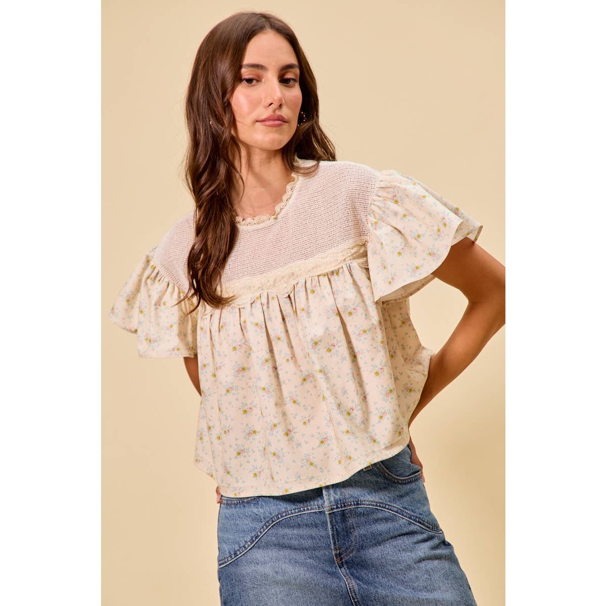 Jaylene COTTON WOVEN PRINT RUFFLED BLOUSE TOP: CREAM / S