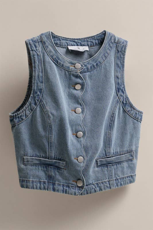 Cropped Vintage Wash Denim Vest with Scalloped Buttons: Denim / S-M-L:2-2-2