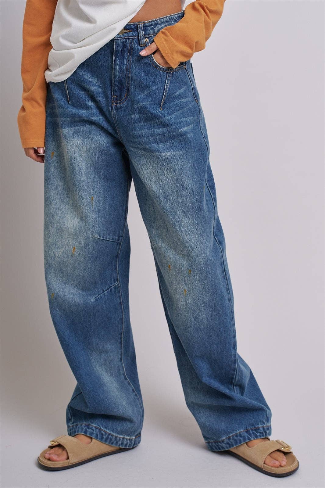 Retro Fade Wide-Leg Barrel Jeans: Denim / S-M-L