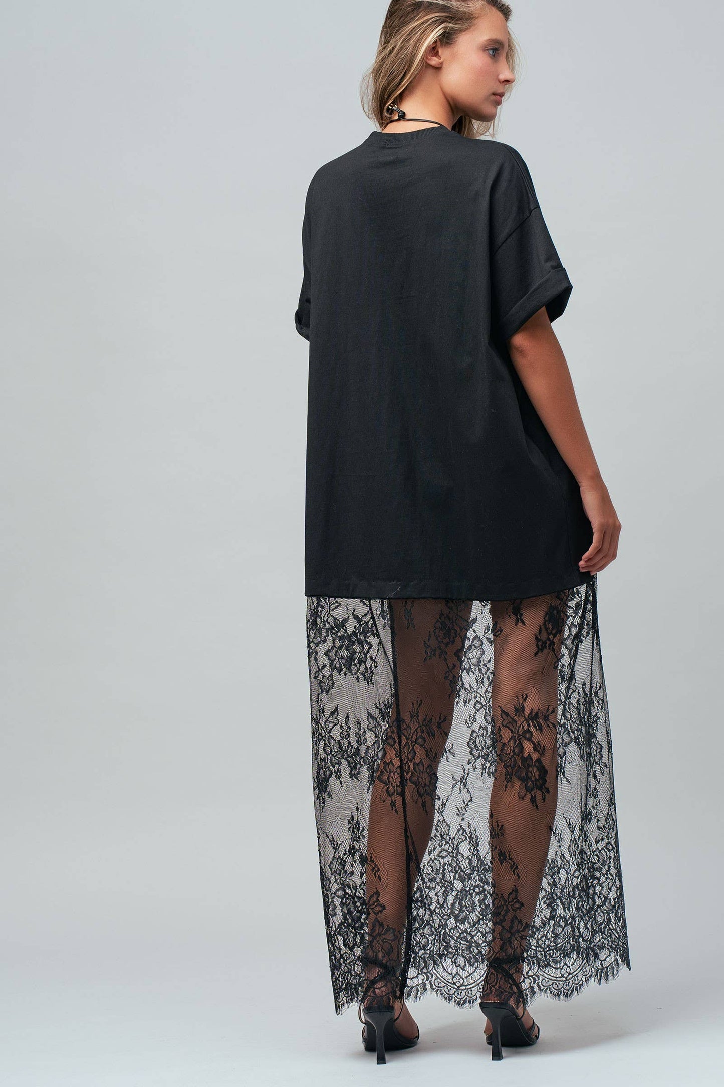 Hannah T-Shirt Dress with Sheer Lace Skirt: White / S-M-L:2-2-2