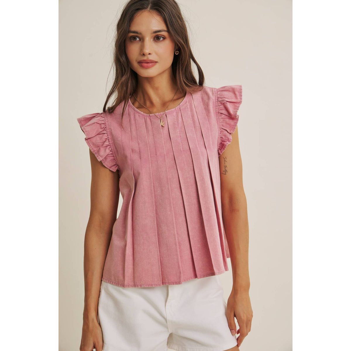 FADED GARDEN MINERAL-WASHED PLEATED BLOUSE WITH RUFFLES: RASPBERRY PINK / M