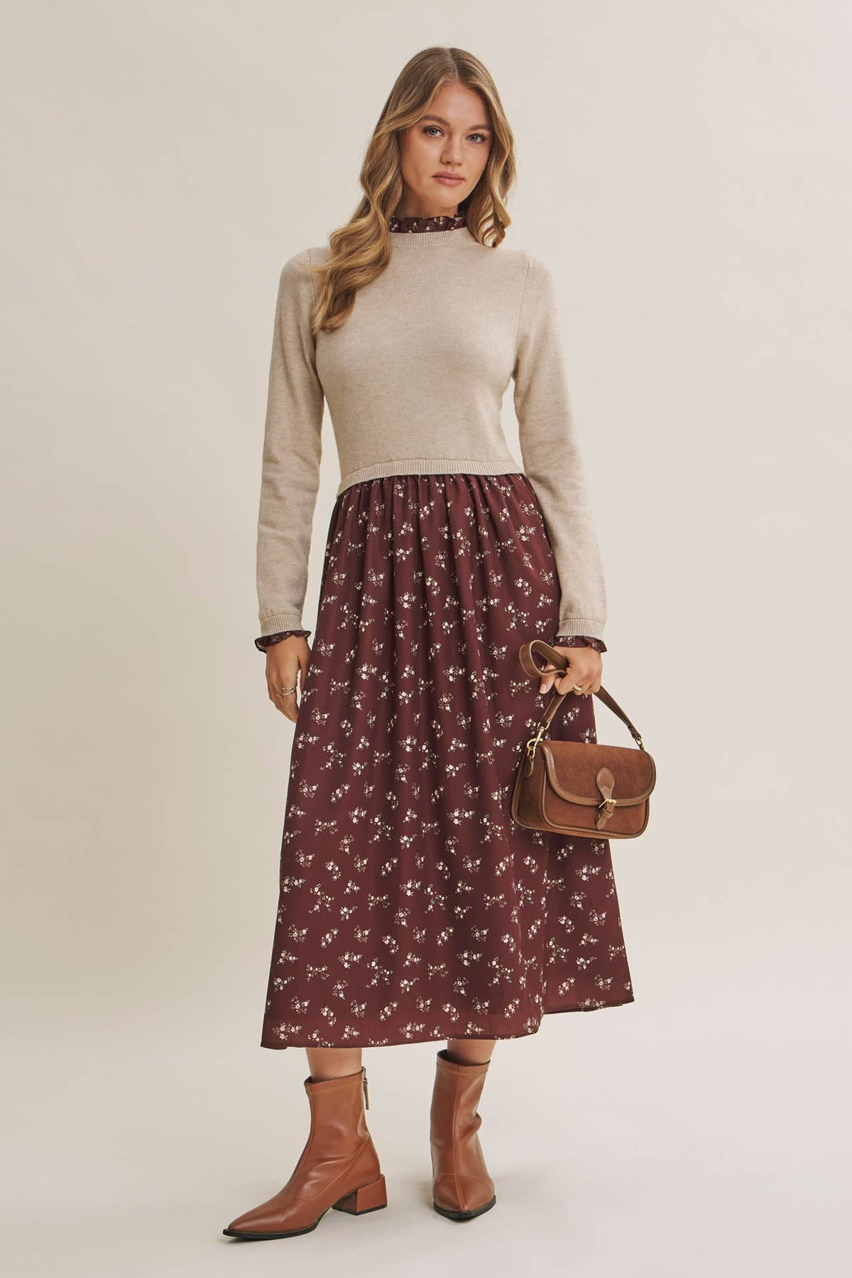 PRESSED PETALS VISCOSE BLEND SWEATER TWOFER MIDI DRESS: OATMEAL/MOCHA / S