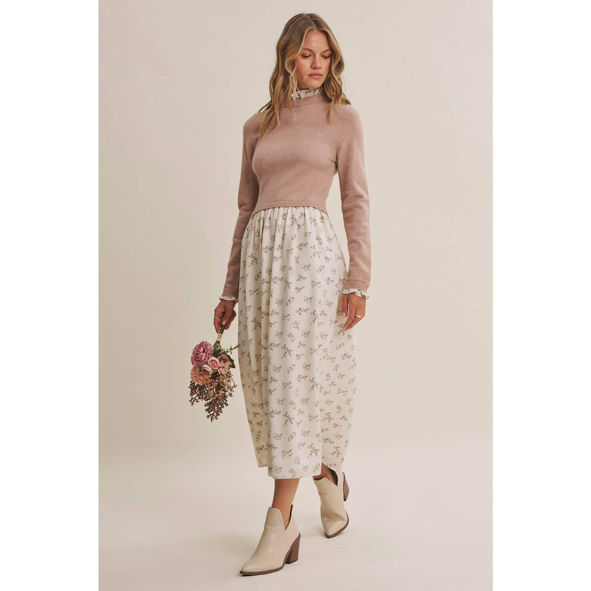PRESSED PETALS VISCOSE BLEND SWEATER TWOFER MIDI DRESS: OATMEAL/MOCHA / S
