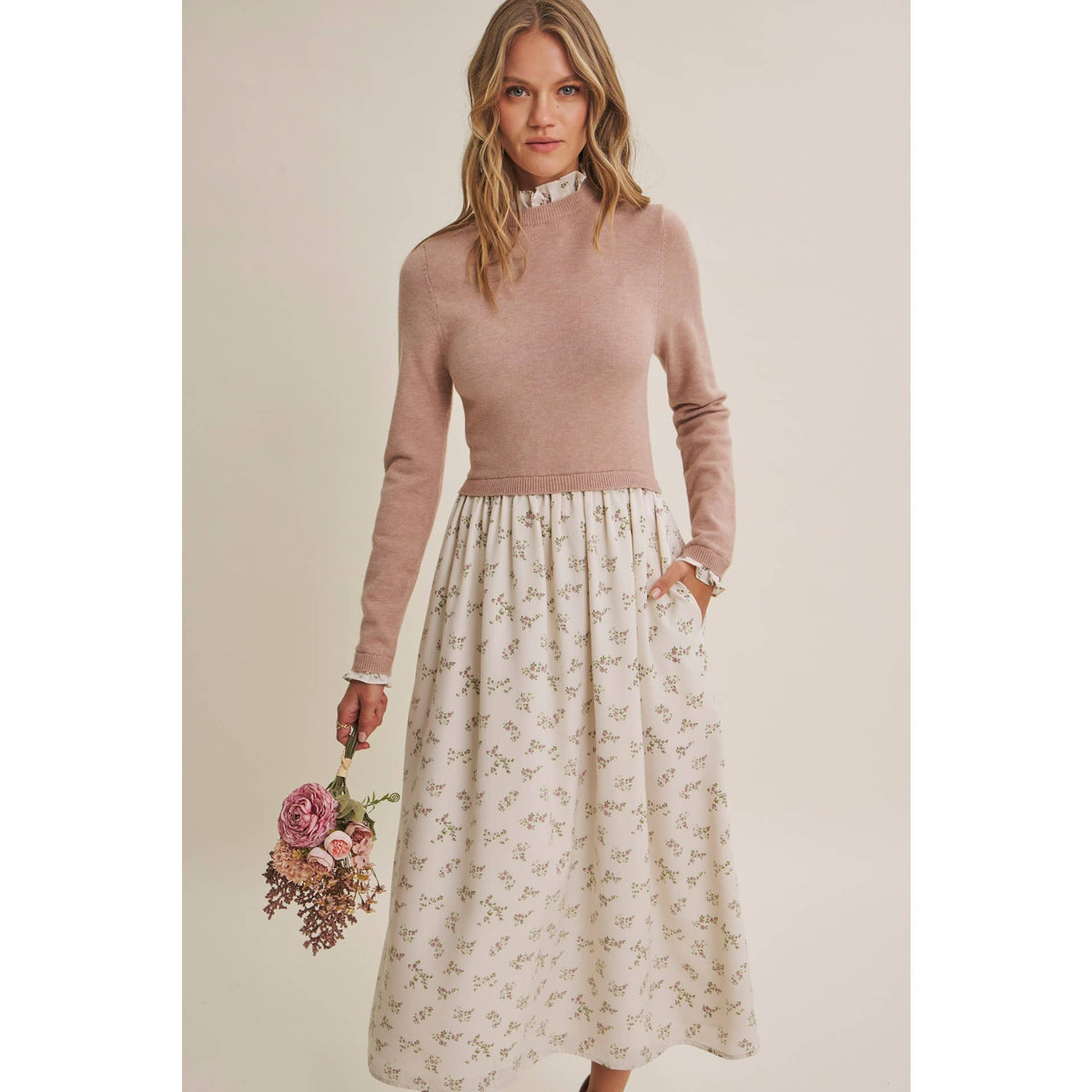 PRESSED PETALS VISCOSE BLEND SWEATER TWOFER MIDI DRESS: OATMEAL/MOCHA / M