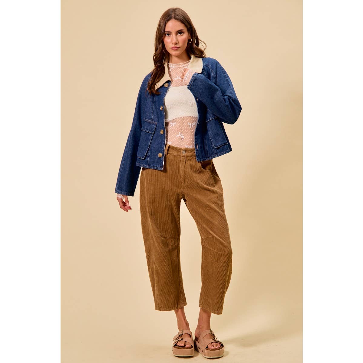 MID RISE CORDUROY BARREL PANTS: BLACK / XL