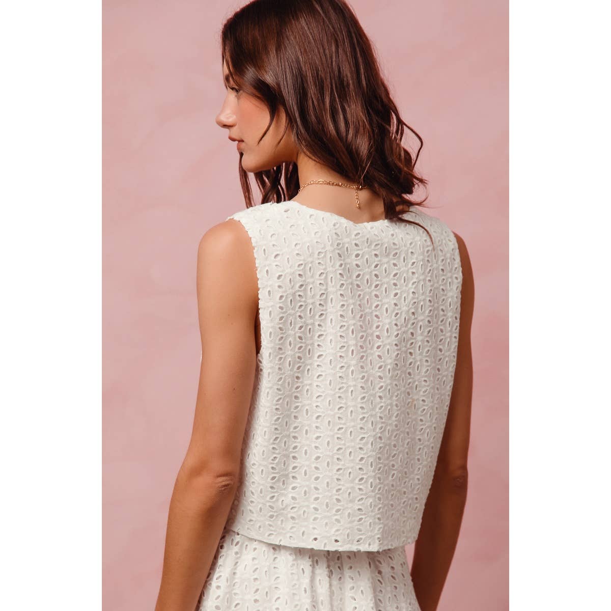 FLORA EYELET LACE TIE VEST TOP AND MINI SKIRT SET: OFF WHITE / L