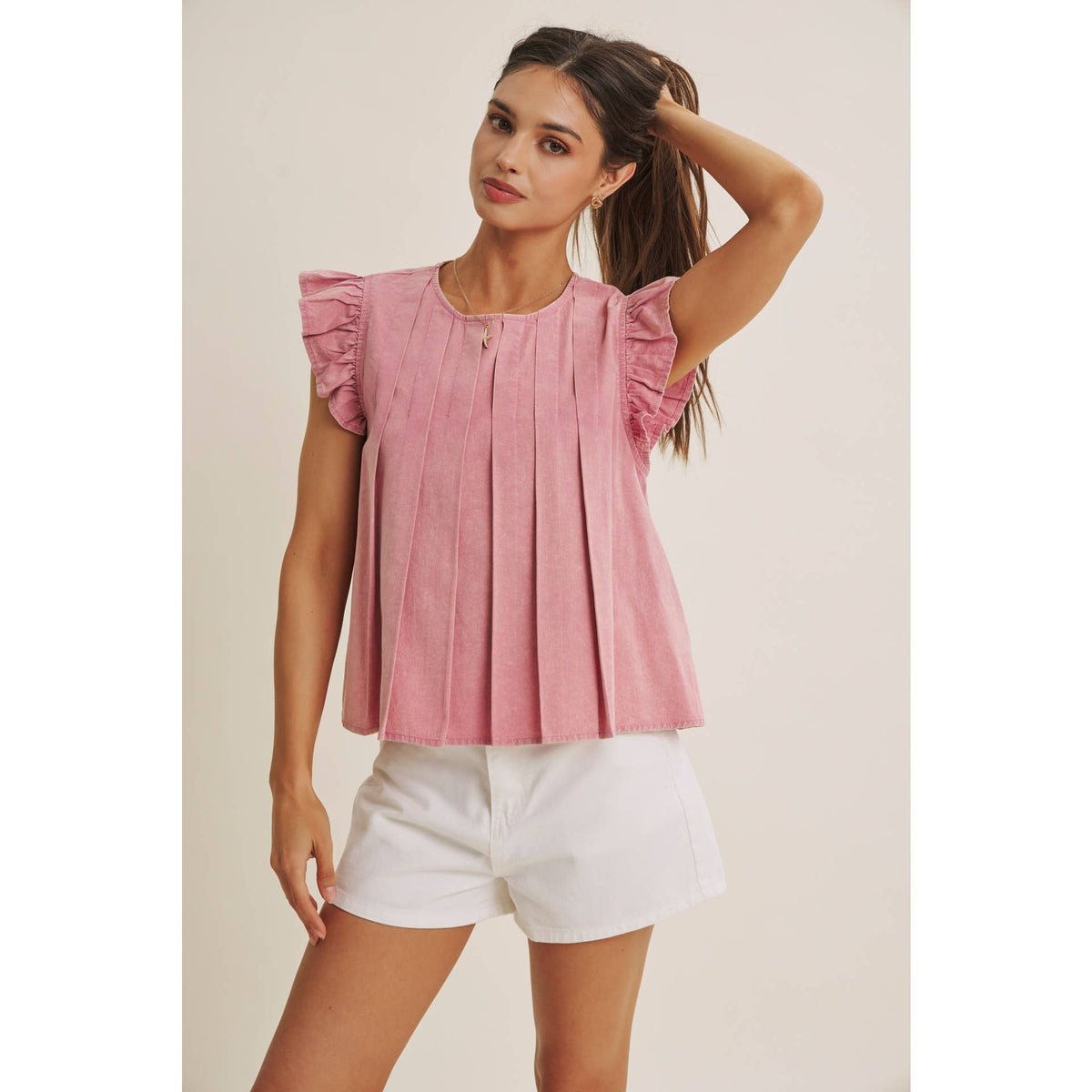 FADED GARDEN MINERAL-WASHED PLEATED BLOUSE WITH RUFFLES: RASPBERRY PINK / M