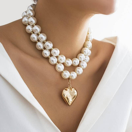 LUSTROUS PEARL BEADED LAYERED HEART NECKLACE | 40NK9456: GOLD
