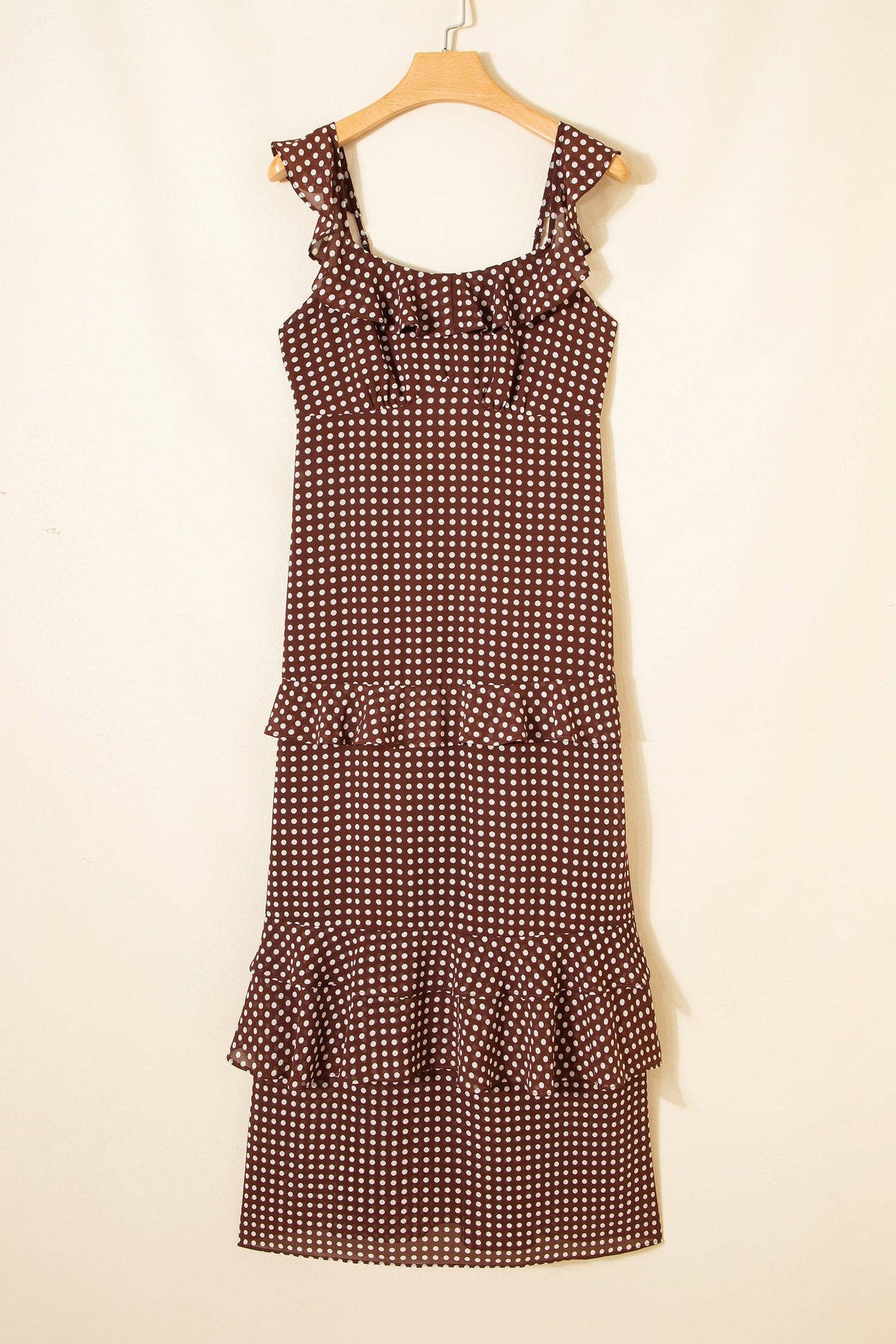 Camila Polka Dot Backless Ruffle Tiered Maxi Dress: Coffee / M