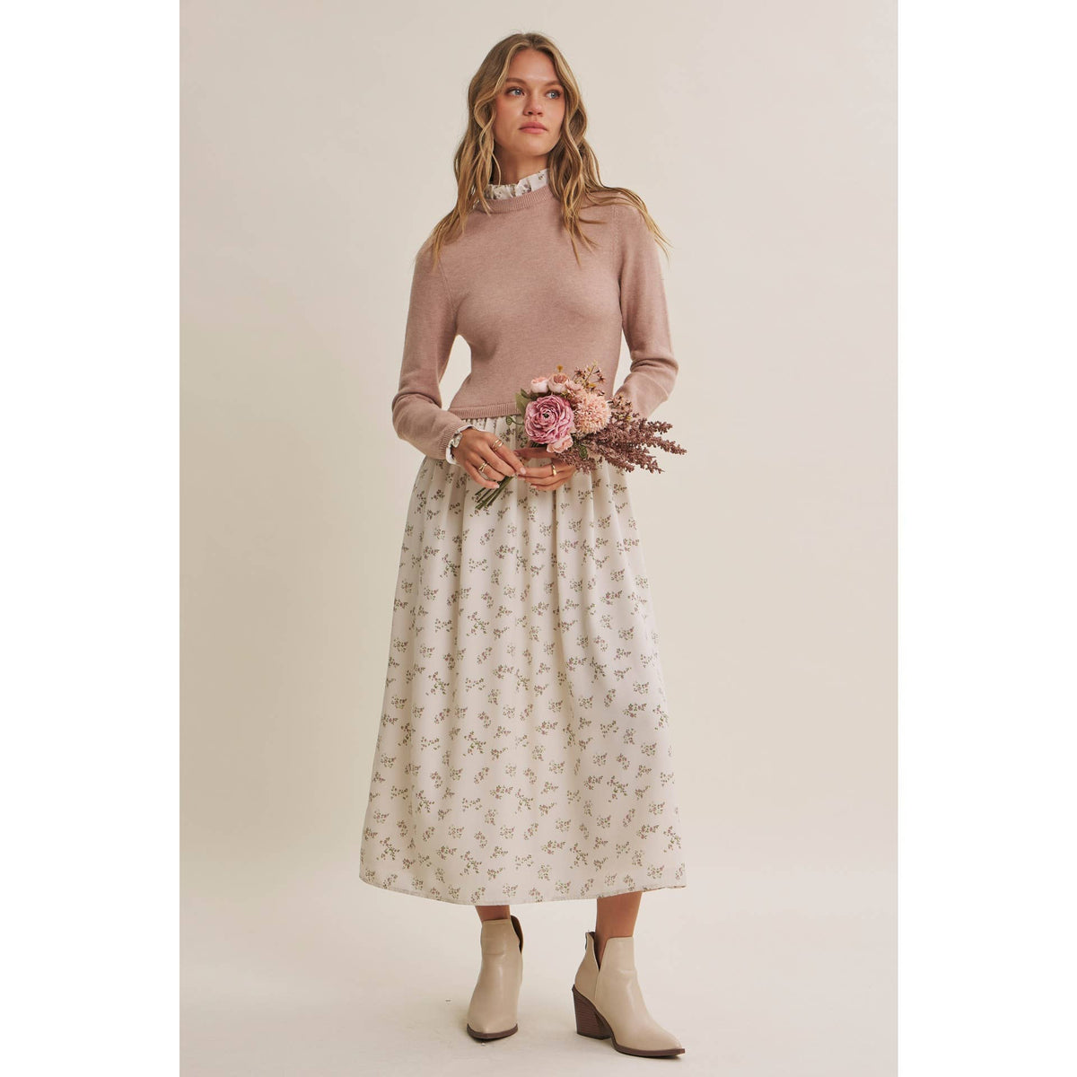 PRESSED PETALS VISCOSE BLEND SWEATER TWOFER MIDI DRESS: OATMEAL/MOCHA / S