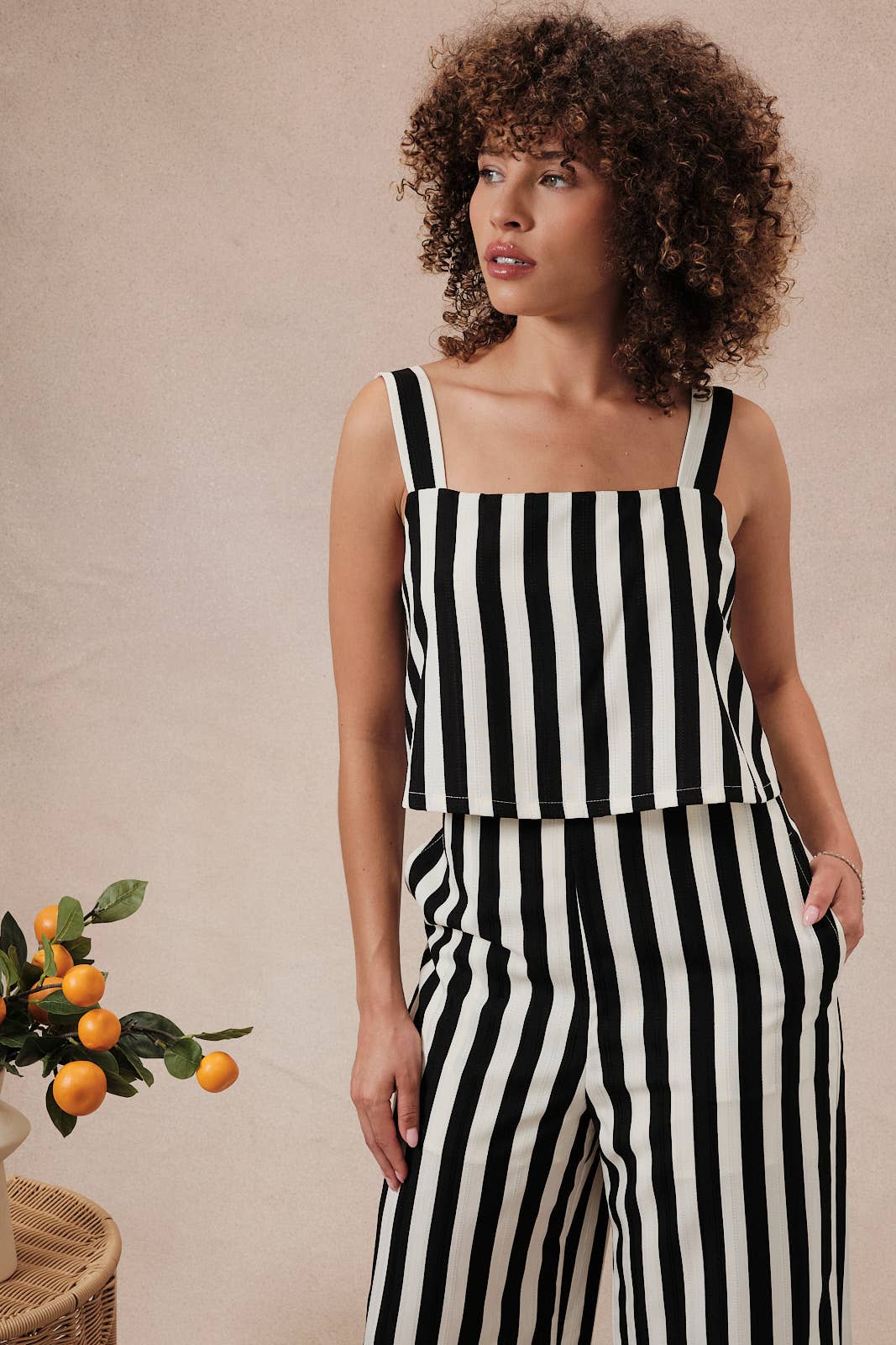 Maria SLEEVELESS STRIPE PALAZO JUMPSUIT: CREAM-BLACK STRIPE / L