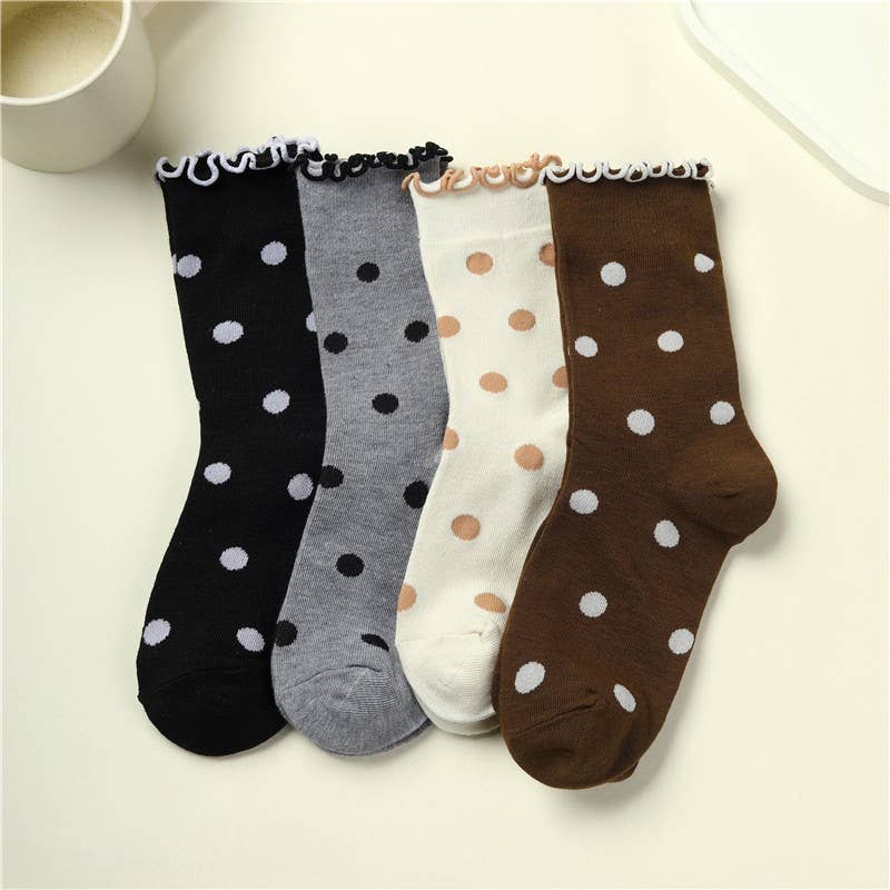 Ruffled Polka Dot Crew Socks | 40S02090: BROWN