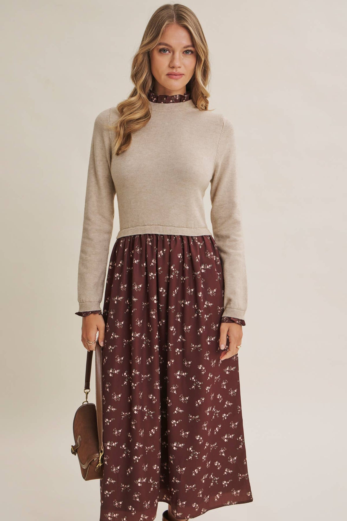 PRESSED PETALS VISCOSE BLEND SWEATER TWOFER MIDI DRESS: OATMEAL/MOCHA / L
