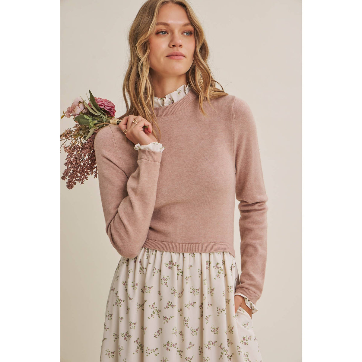 PRESSED PETALS VISCOSE BLEND SWEATER TWOFER MIDI DRESS: OATMEAL/MOCHA / L