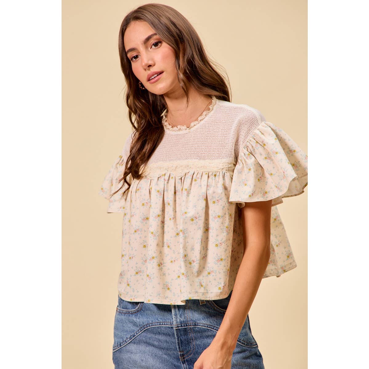 Jaylene COTTON WOVEN PRINT RUFFLED BLOUSE TOP: CREAM / S
