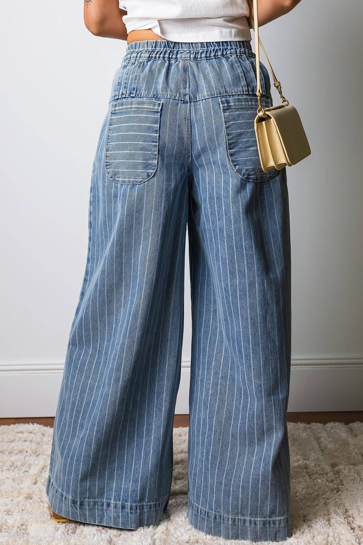 Felice Stripe Button High Waist Pleated Wide Leg Jeans: Sky Blue Stripe / 6