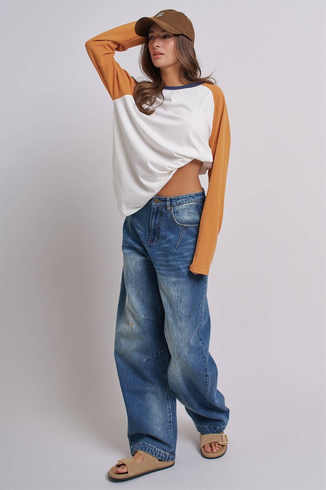 Retro Fade Wide-Leg Barrel Jeans: Denim / S-M-L
