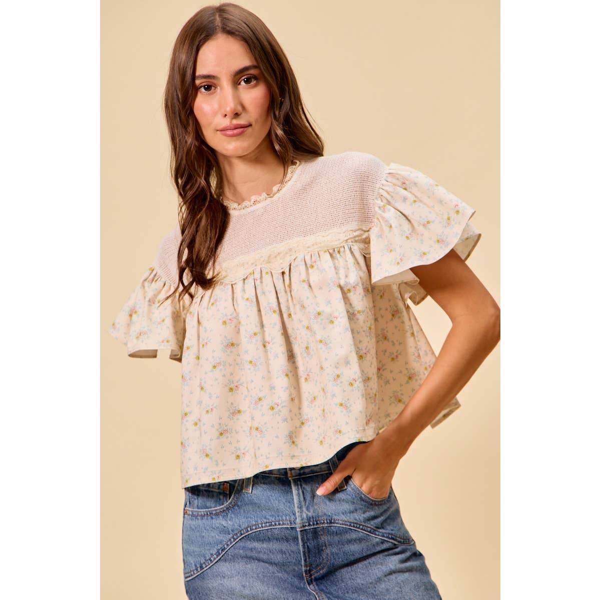 Jaylene COTTON WOVEN PRINT RUFFLED BLOUSE TOP: CREAM / S