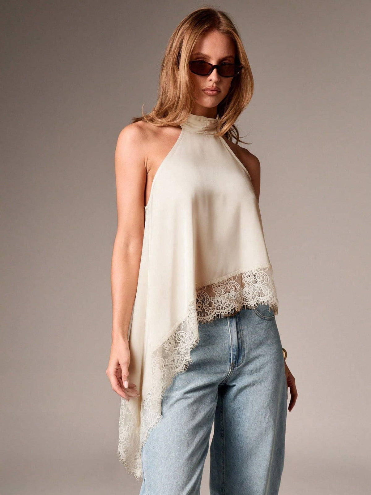 Women’s Satin Lace Trim Halter Neck Asymmetrical Top: Dark Brown / 100%Polyester / XS
